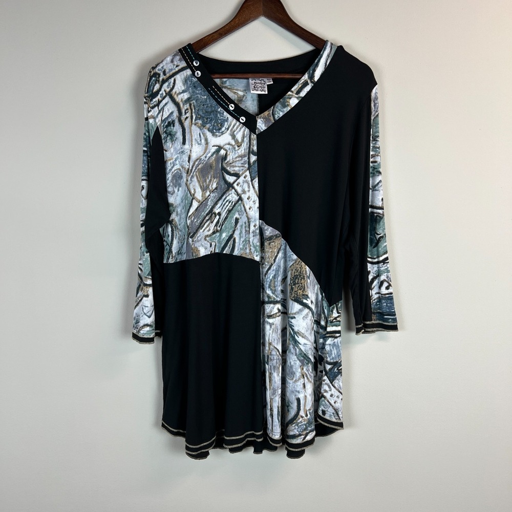 Parsley & Sage Tunic Top Womens XL Black White Patchwork 3/4 Sleeve Artsy Boho